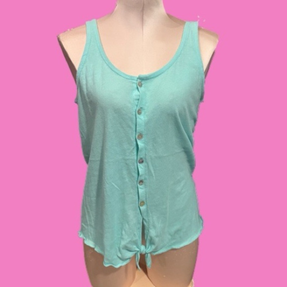 BNWOT Women's Cotton Aqua Button-Down Tank Top - Picture 2 of 7